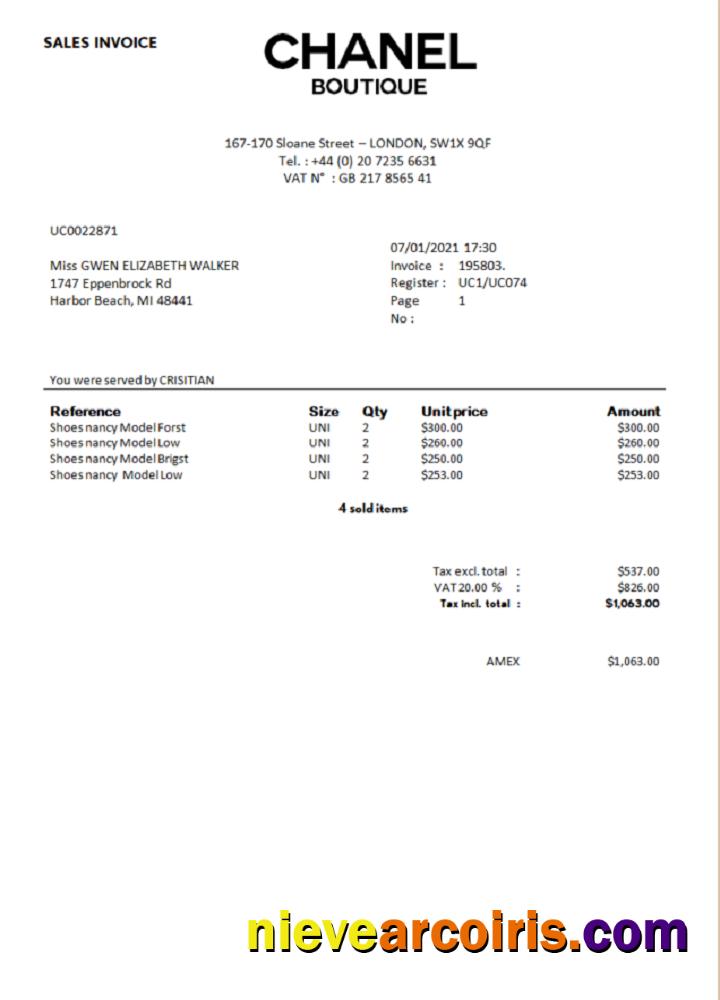 Sales Invoice Chanel Boutique